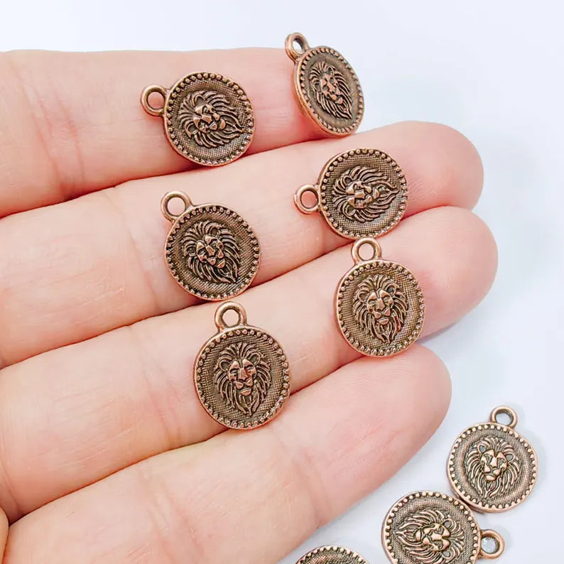 4 Pcs Lion Head Round Charm Pendant, Double Sided Animal Design, Antique Copper Plated, 16x13mm, G37954
