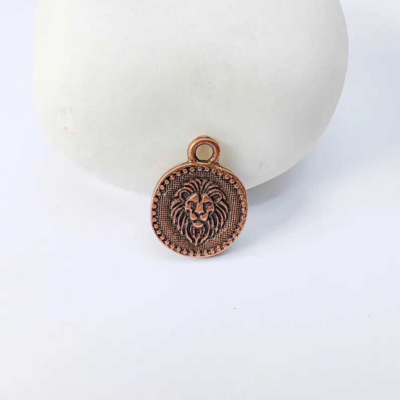 4 Pcs Lion Head Round Charm Pendant, Double Sided Animal Design, Antique Copper Plated, 16x13mm, G37954