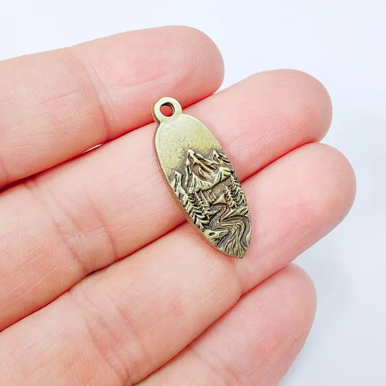 Mountain Landscape Charm Pendant, Double Sided Nature Design, Antique Bronze Plated, 30x12mm, G37955