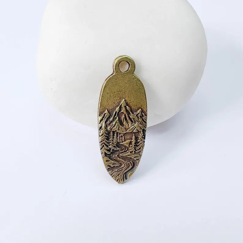 Mountain Landscape Charm Pendant, Double Sided Nature Design, Antique Bronze Plated, 30x12mm, G37955