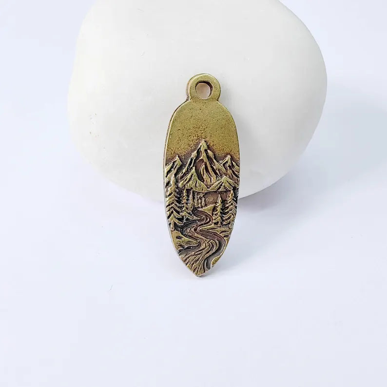 Mountain Landscape Charm Pendant, Double Sided Nature Design, Antique Bronze Plated, 30x12mm, G37955