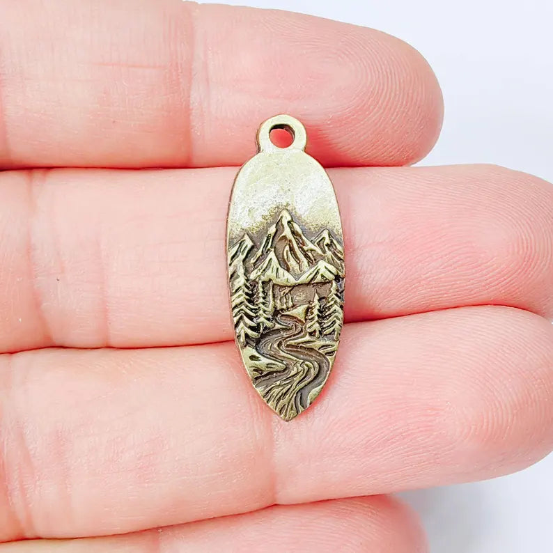 Mountain Landscape Charm Pendant, Double Sided Nature Design, Antique Bronze Plated, 30x12mm, G37955