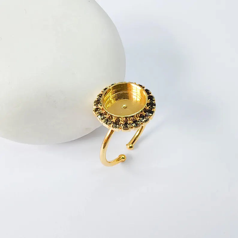 Ring Blank with Dark Navy Blue Crystals, Ring Bezel Setting Cabochon Resin Mounting Shiny Gold Plated Brass Adjustable Ring (10mm) G37956