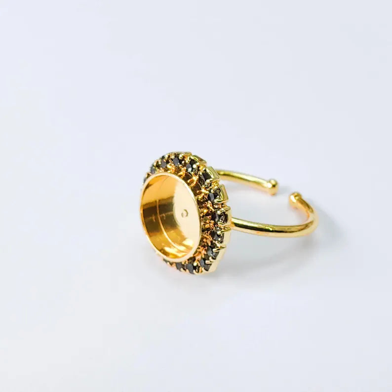 Ring Blank with Dark Navy Blue Crystals, Ring Bezel Setting Cabochon Resin Mounting Shiny Gold Plated Brass Adjustable Ring (10mm) G37956