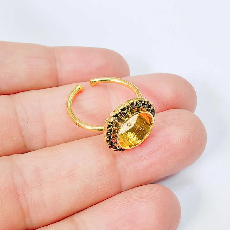 Ring Blank with Dark Navy Blue Crystals, Ring Bezel Setting Cabochon Resin Mounting Shiny Gold Plated Brass Adjustable Ring (10mm) G37956
