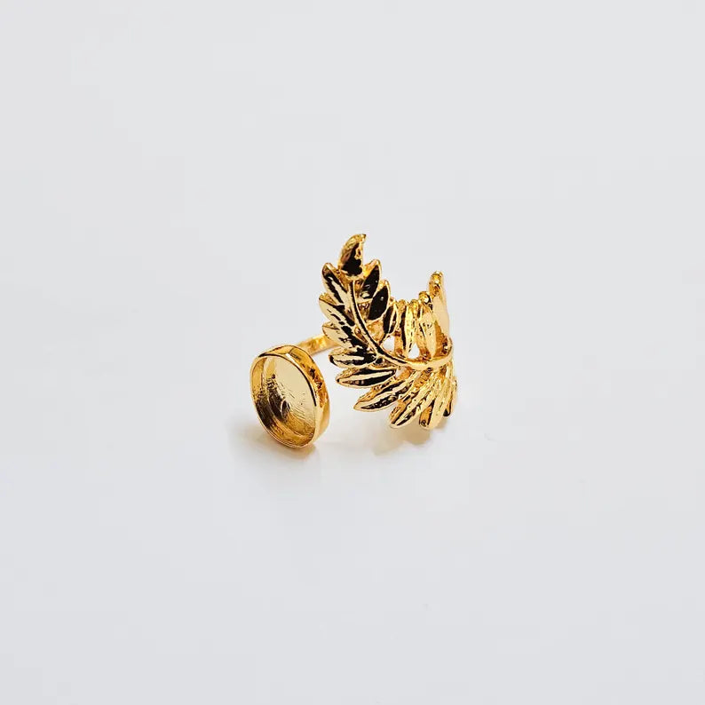 Fern Leaf Ring, Oval Bezel 11x9mm, Adjustable 24K Gold Color Ring Setting, G37985