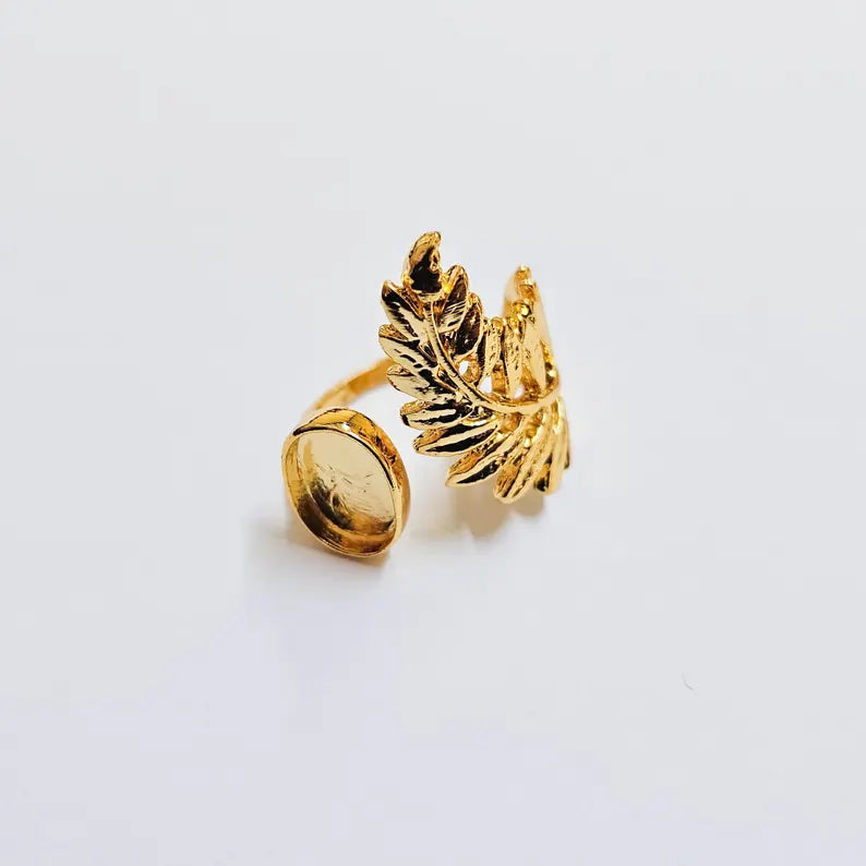 Fern Leaf Ring, Oval Bezel 11x9mm, Adjustable 24K Gold Color Ring Setting, G37985