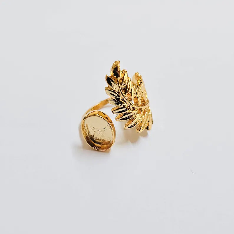 Fern Leaf Ring, Oval Bezel 11x9mm, Adjustable 24K Gold Color Ring Setting, G37985