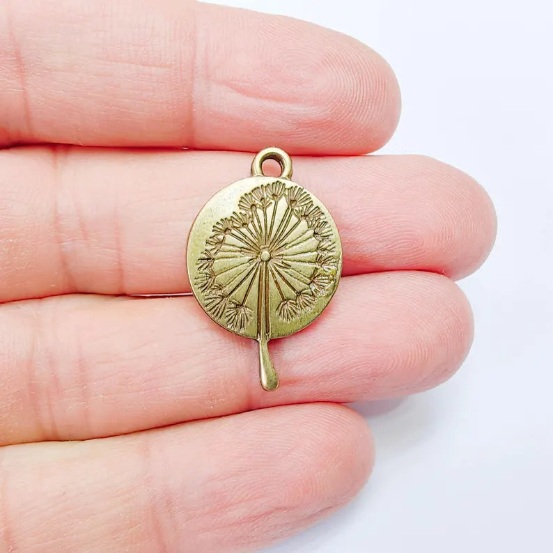 Dandelion Charm Pendant, Botanical Seed Head Design, Antique Bronze Plated, 28x18mm, G37987