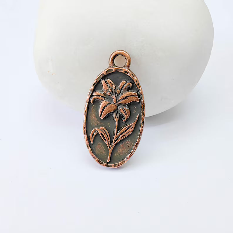 Lily Flower Oval Charm Pendant, Double Sided Botanical Design, Antique Copper Plated, 25x13mm, G37989