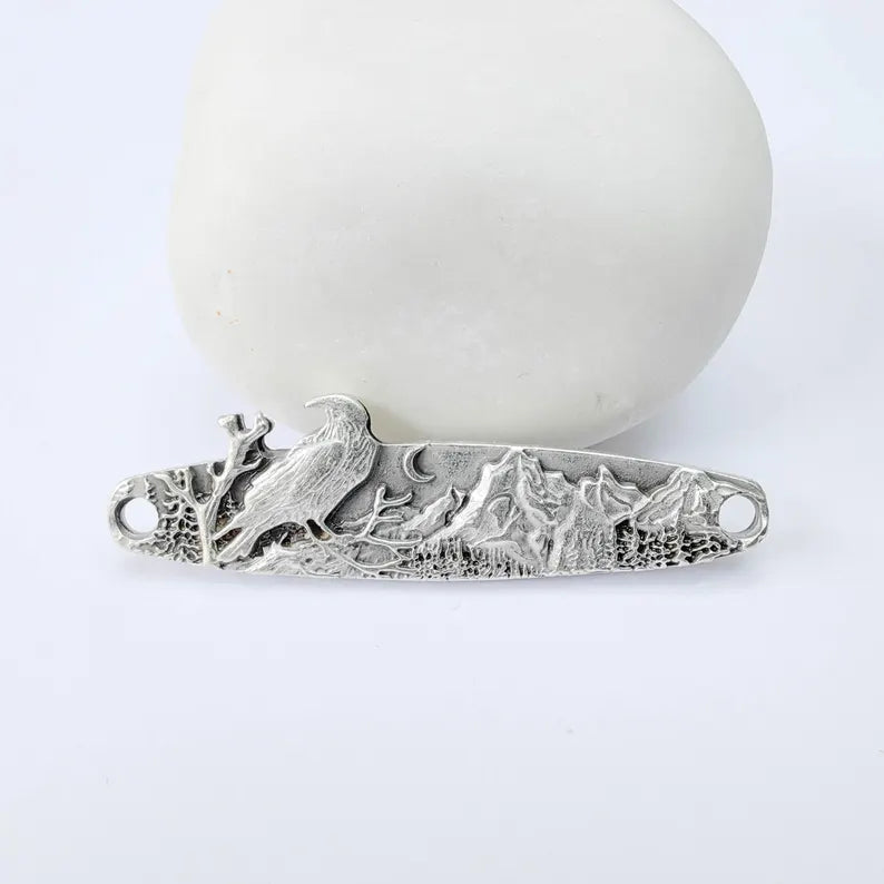 Raven Mountain Connector Charm, Forest Landscape Design, Antique Silver Plated, Bar Shape, 43x11mm, G37990