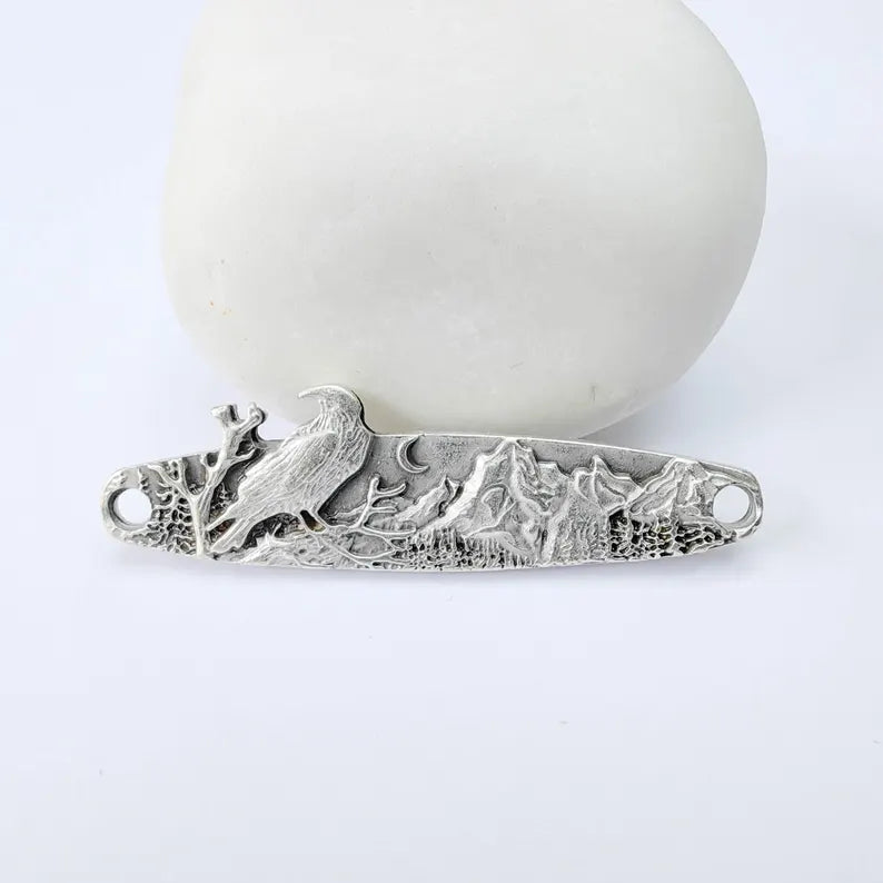 Raven Mountain Connector Charm, Forest Landscape Design, Antique Silver Plated, Bar Shape, 43x11mm, G37990