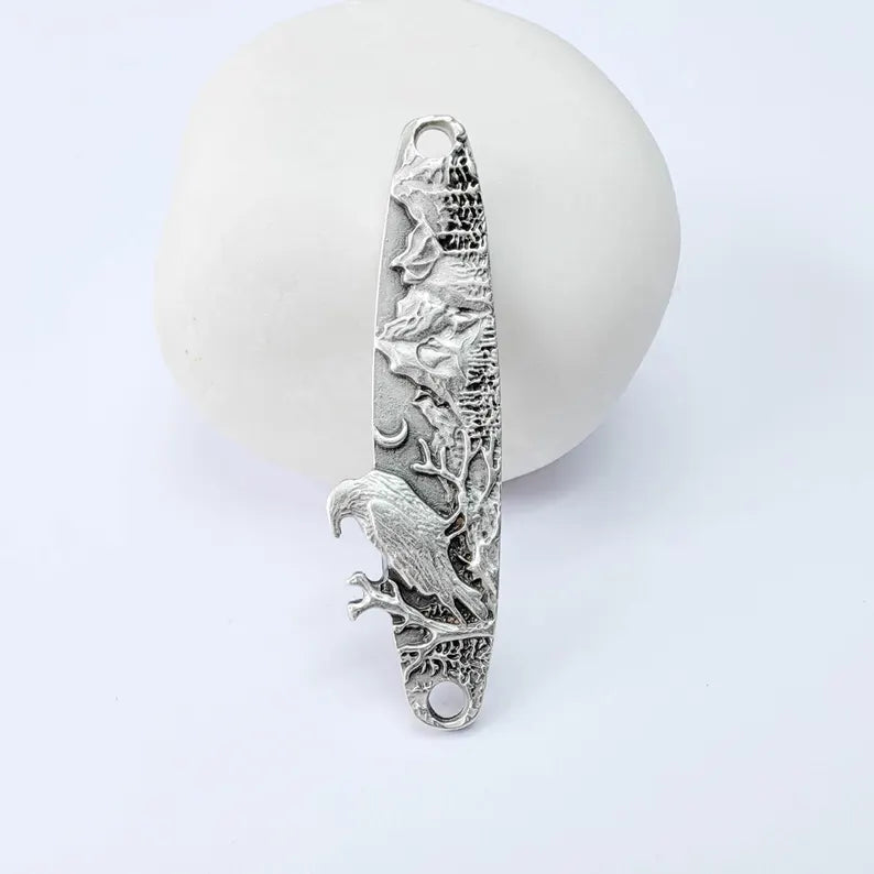 Raven Mountain Connector Charm, Forest Landscape Design, Antique Silver Plated, Bar Shape, 43x11mm, G37990
