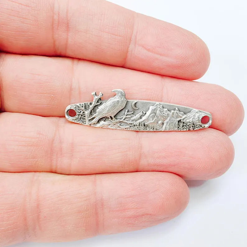 Raven Mountain Connector Charm, Forest Landscape Design, Antique Silver Plated, Bar Shape, 43x11mm, G37990