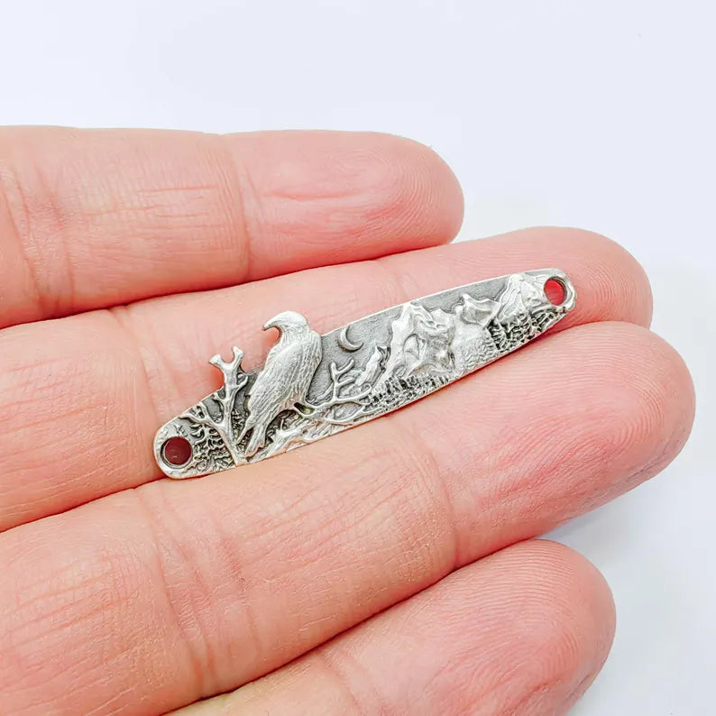 Raven Mountain Connector Charm, Forest Landscape Design, Antique Silver Plated, Bar Shape, 43x11mm, G37990