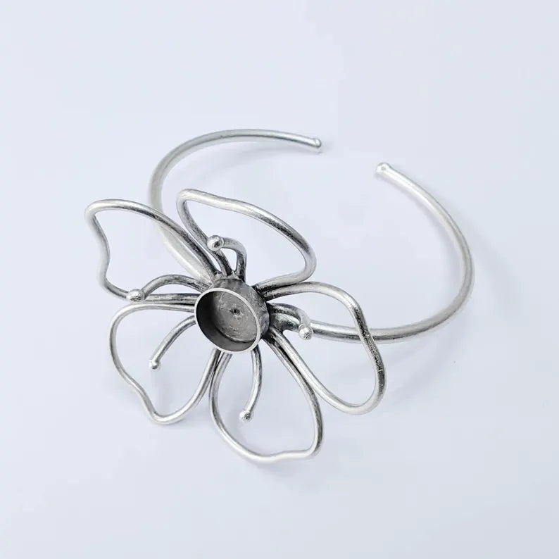 Flower Bezel Cuff, Adjustable Bracelet Blank, 10mm Round Setting, Open Floral Base, G37992