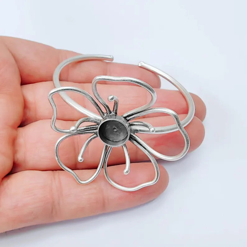 Flower Bezel Cuff, Adjustable Bracelet Blank, 10mm Round Setting, Open Floral Base, G37992