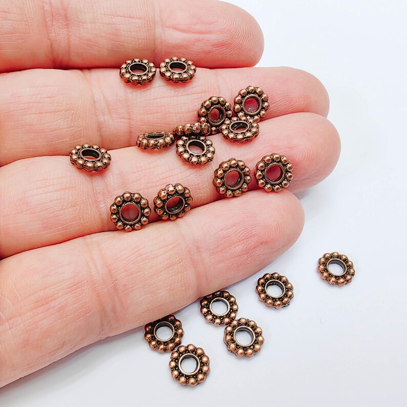 10 Rondelle Spacer Beads, Textured Daisy Wheel Design, 7mm, Antique Copper Plated, G37993