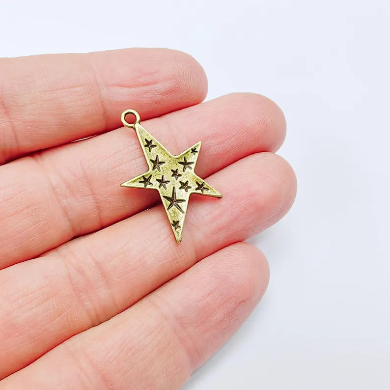 2 Star Charm Pendant, Double Sided Celestial Design, Antique Bronze Star Pendant, 29x19mm, G37994