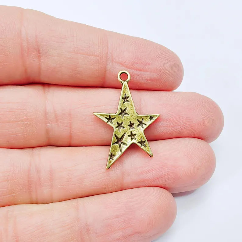 2 Star Charm Pendant, Double Sided Celestial Design, Antique Bronze Star Pendant, 29x19mm, G37994