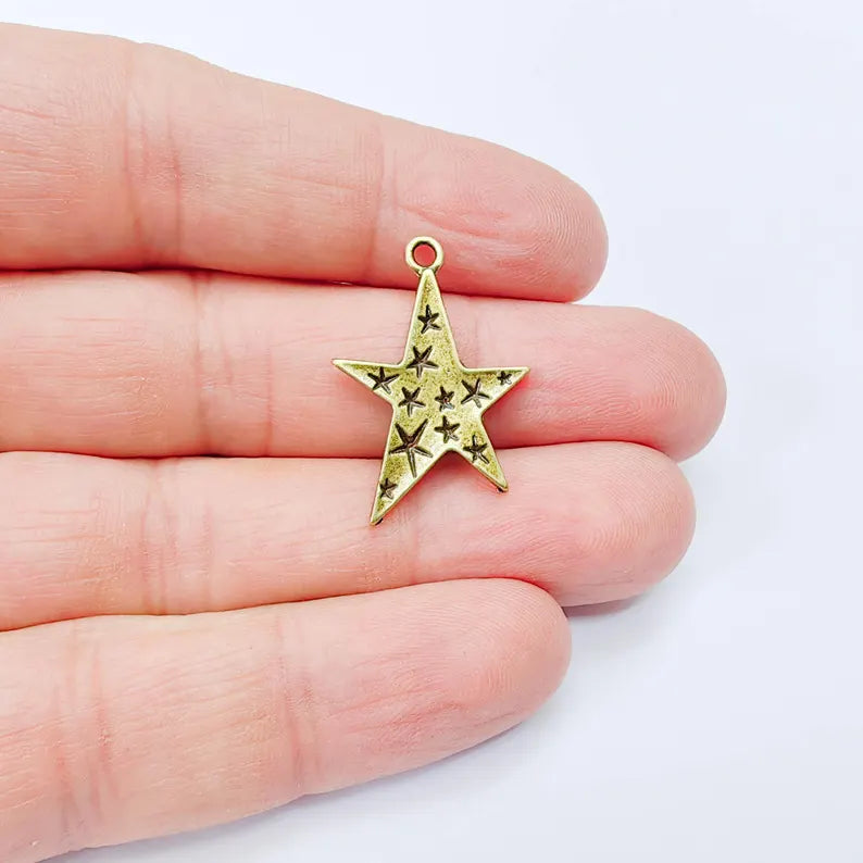 2 Star Charm Pendant, Double Sided Celestial Design, Antique Bronze Star Pendant, 29x19mm, G37994
