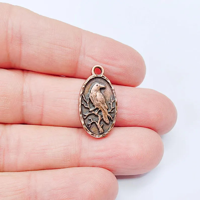 Raven Oval Charm Pendant, Double Sided Bird Design, Antique Copper Plated, 25x13mm, G37995