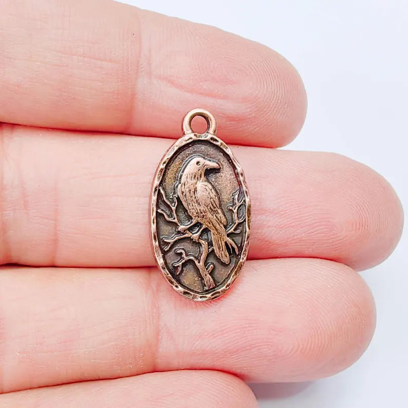 Raven Oval Charm Pendant, Double Sided Bird Design, Antique Copper Plated, 25x13mm, G37995
