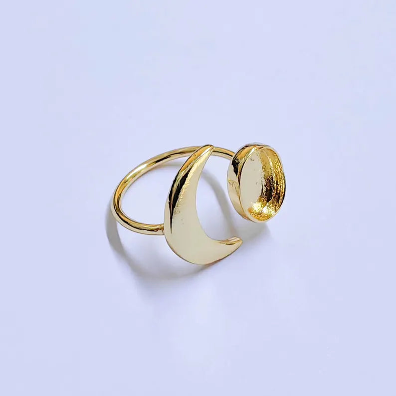Crescent Moon Ring Blank Base Bezel Settings Cabochon Base Mountings Adjustable , Shiny Gold Plated Brass (11x8mm Blank) G37959
