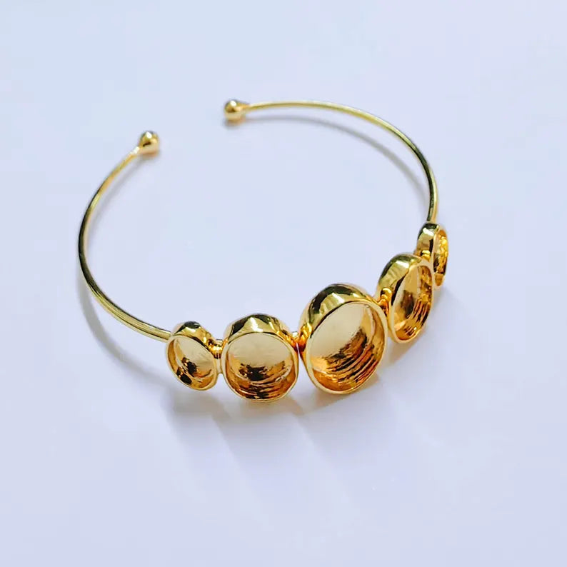 Adjustable Bracelet Blank, Multi Oval Bezel Cuff, 13x10mm 11x9mm 9x6mm Settings, Shiny Gold G37960