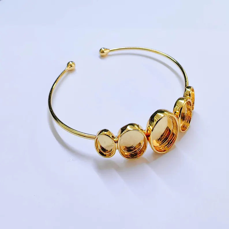 Adjustable Bracelet Blank, Multi Oval Bezel Cuff, 13x10mm 11x9mm 9x6mm Settings, Shiny Gold G37960