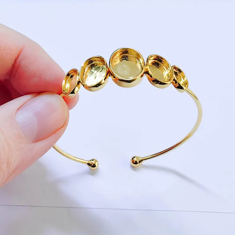 Adjustable Bracelet Blank, Multi Oval Bezel Cuff, 13x10mm 11x9mm 9x6mm Settings, Shiny Gold G37960
