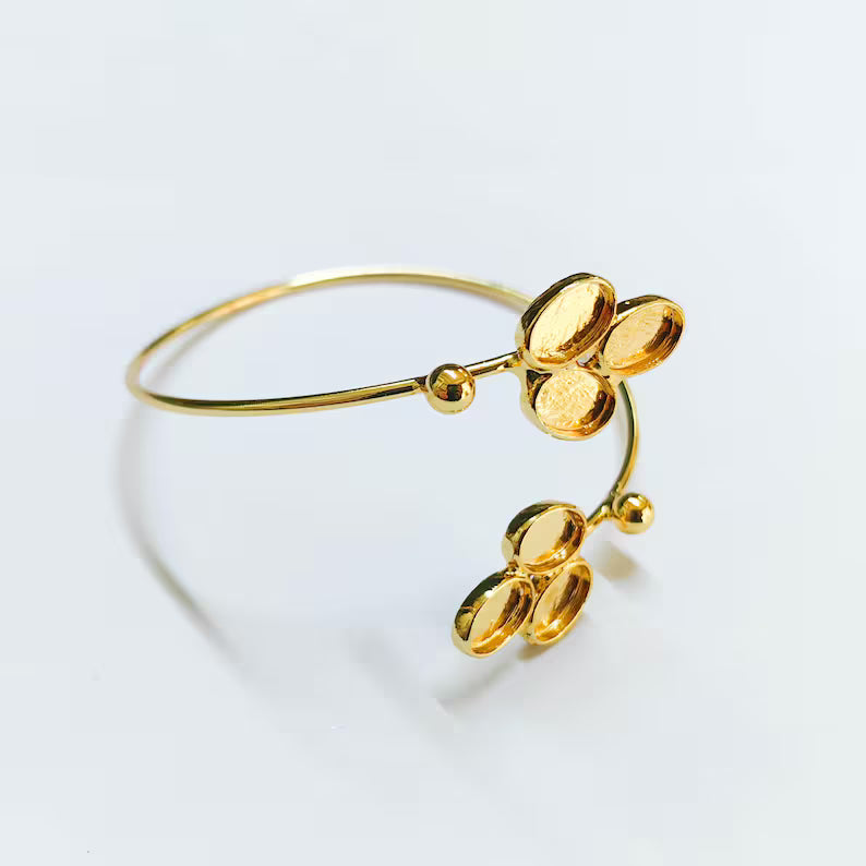 Shiny Gold Bracelet, Bangle Bezel, Wrap Cuff Blank Cabochon Base Adjustable Brass (9x6mm) G37962