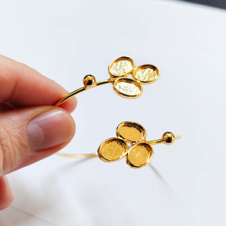 Shiny Gold Bracelet, Bangle Bezel, Wrap Cuff Blank Cabochon Base Adjustable Brass (9x6mm) G37962