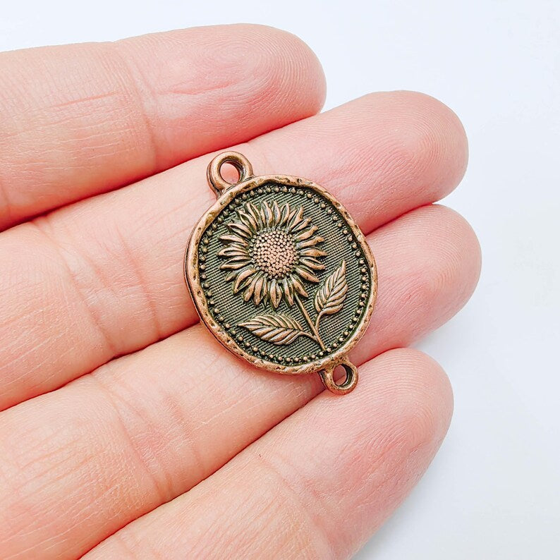 Sunflower Connector Charm, Floral Pendant, Boho Jewelry Making Supplies, Antique Copper Plated, 31x22mm G38000