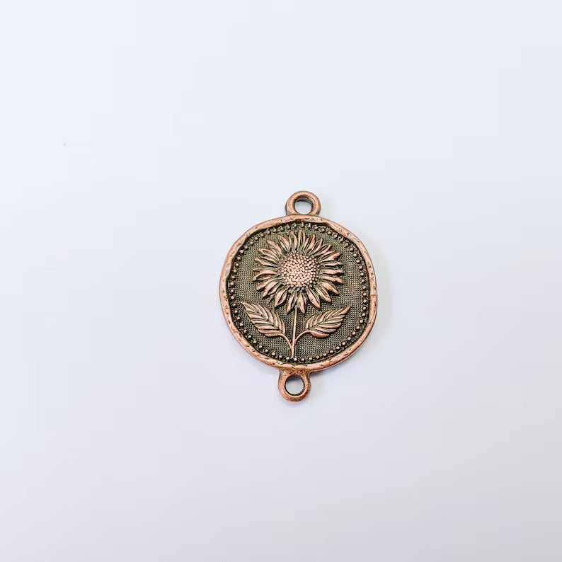 Sunflower Connector Charm, Floral Pendant, Boho Jewelry Making Supplies, Antique Copper Plated, 31x22mm G38000