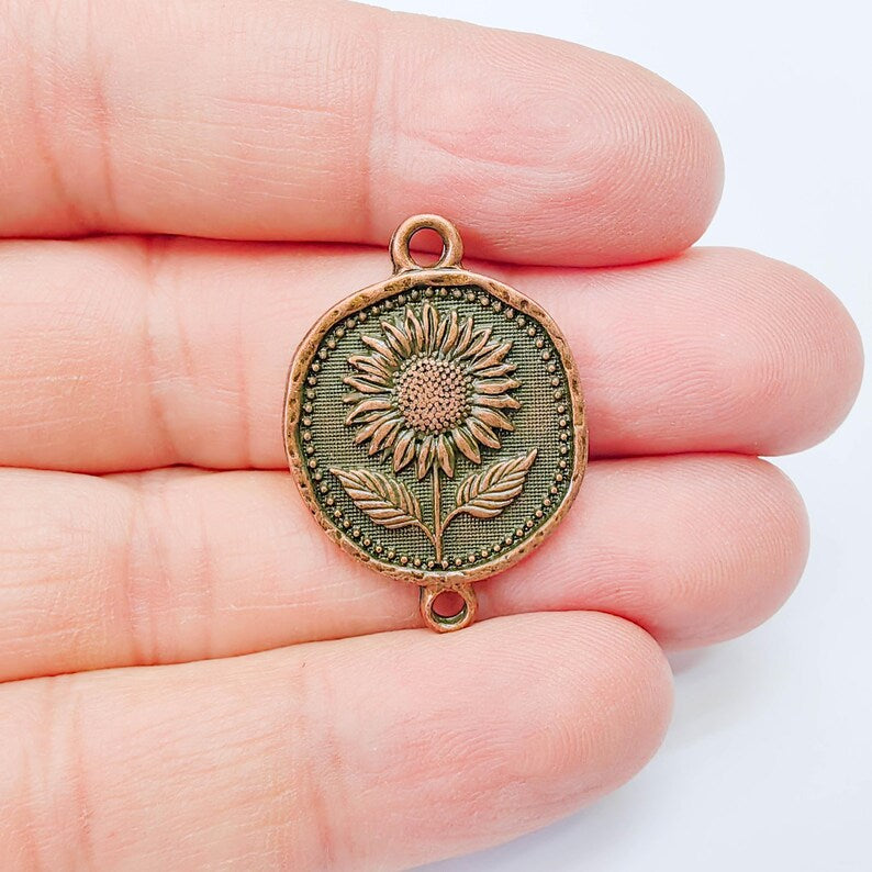 Sunflower Connector Charm, Floral Pendant, Boho Jewelry Making Supplies, Antique Copper Plated, 31x22mm G38000