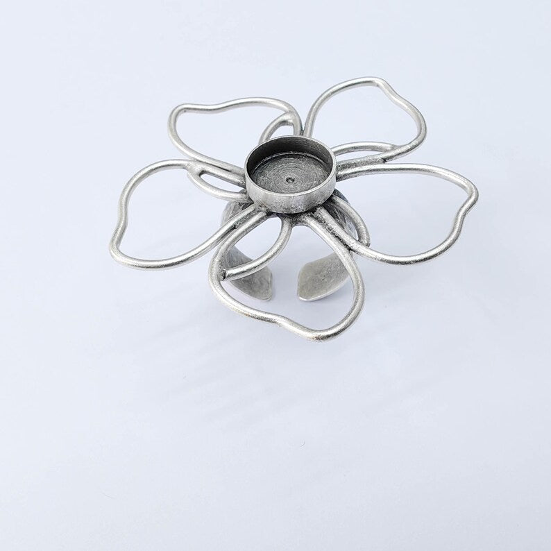 Antique Silver Adjustable Large Flower Ring Base, 12mm Round Bezel, Statement Floral Setting, G38004