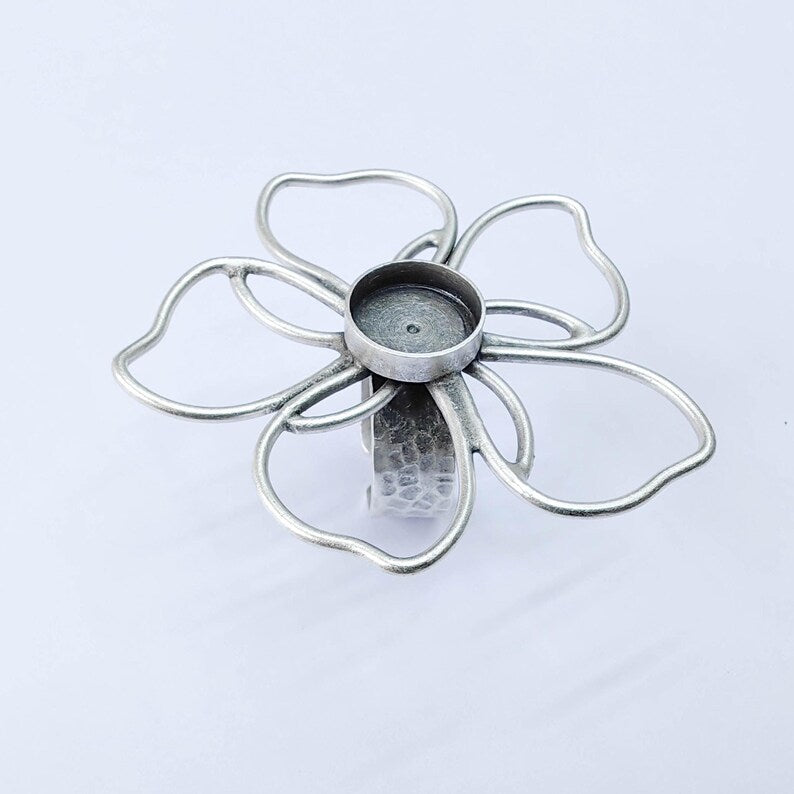 Antique Silver Adjustable Large Flower Ring Base, 12mm Round Bezel
