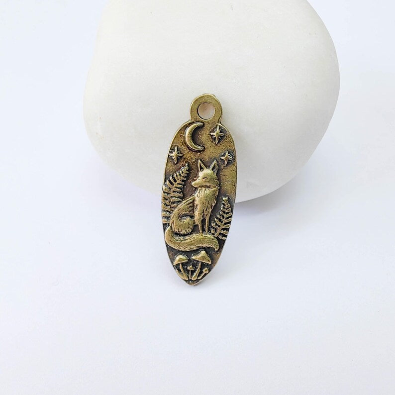 Fox Moon Charm Pendant, Double Sided Woodland Design, Antique Bronze Plated, 30x12mm, G38008