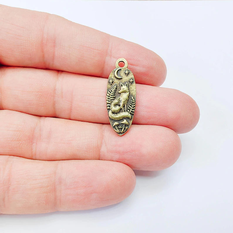 Fox Moon Charm Pendant, Double Sided Woodland Design, Antique Bronze Plated, 30x12mm, G38008