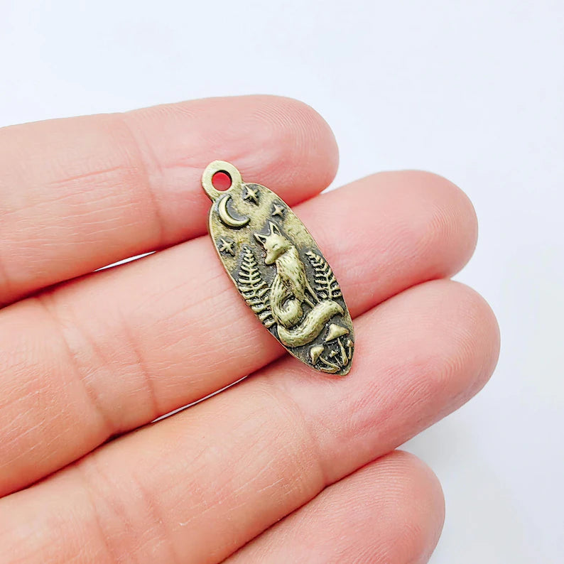 Fox Moon Charm Pendant, Double Sided Woodland Design, Antique Bronze Plated, 30x12mm, G38008