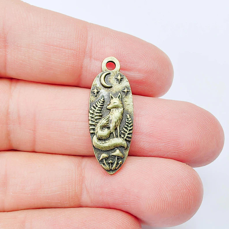 Fox Moon Charm Pendant, Double Sided Woodland Design, Antique Bronze Plated, 30x12mm, G38008