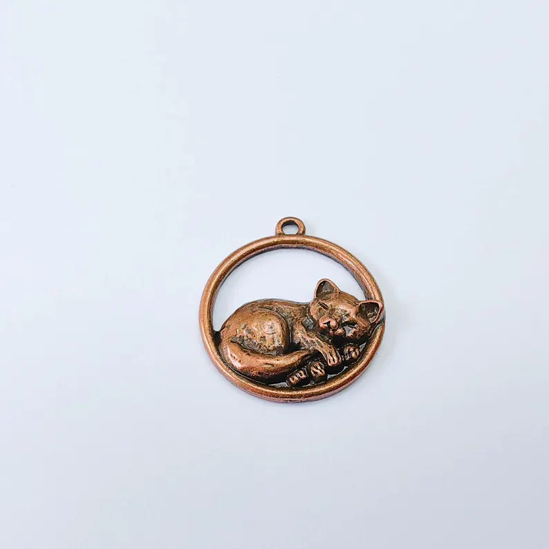 Sleeping Cat Charms, Resting Kitty Pendant, Cute Animal Earring Jewelry Supply, Cat Lover Gift, Antique Copper Plated Zamac 33x29mm G38010