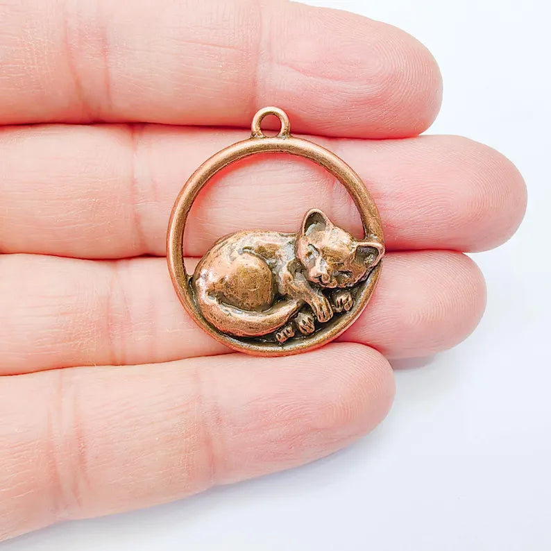 Sleeping Cat Charms, Resting Kitty Pendant, Cute Animal Earring Jewelry Supply, Cat Lover Gift, Antique Copper Plated Zamac 33x29mm G38010