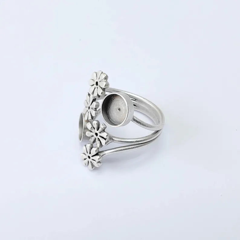 Floral Adjustable Ring Blank 8mm Bezel Setting, Antique Silver Plated Brass Daisy Base, G38015