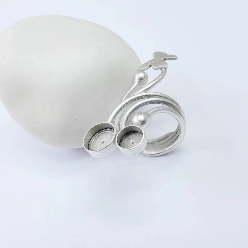 Butterfly Adjustable Ring Blank, Double 8mm Bezel Base Setting, Antique Silver Plated Brass, G38018