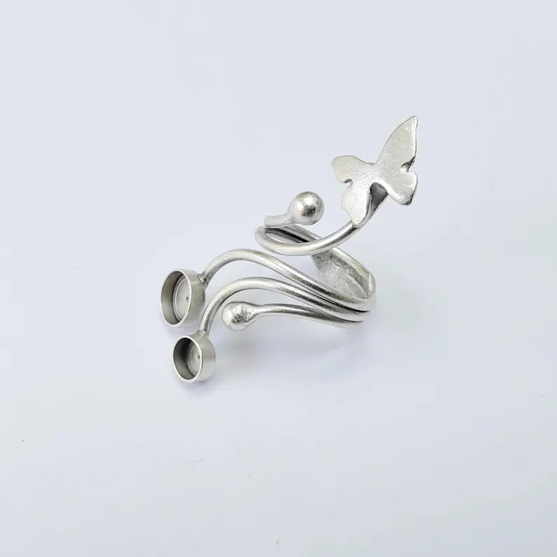 Butterfly Adjustable Ring Blank, Double 8mm Bezel Base Setting, Antique Silver Plated Brass, G38018
