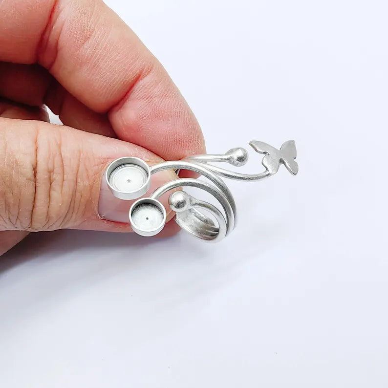 Butterfly Adjustable Ring Blank, Double 8mm Bezel Base Setting, Antique Silver Plated Brass, G38018