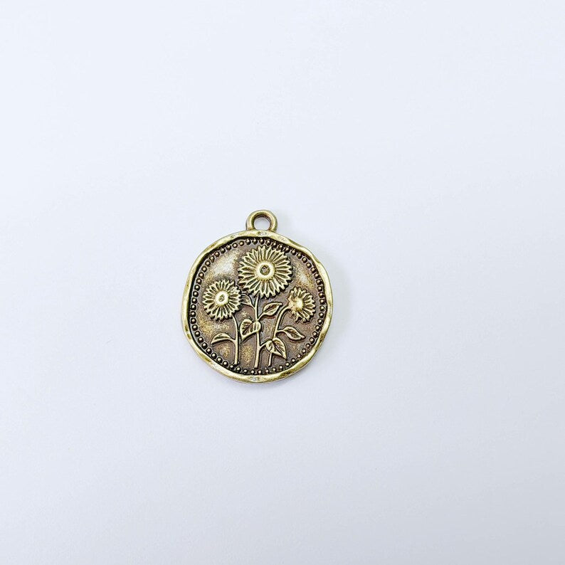 Sunflower Charm Pendant, Double Sided Botanical Floral Design, 28x24mm, Antique Bronze Plated G38020