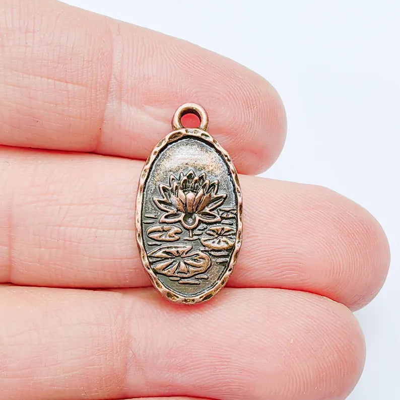 Lotus Flower Charm Pendant, Double Sided Botanical Water Lily, 25x13mm, Antique Copper Plated G37965